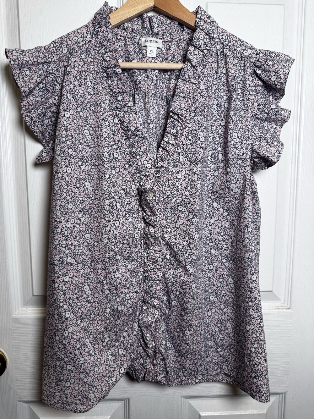 J.Crew Ruffle Neck Floral Cotton Blouse Pink Blue Ditsy Print XL Spring Summer